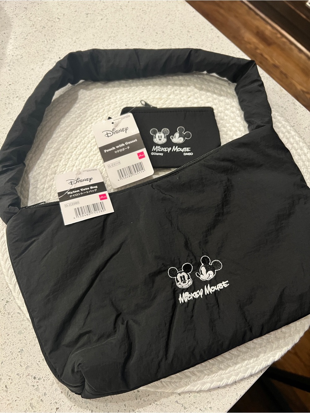 Disney Black Mickey Mouse Embroidered Shoulder Tote with Zip Pouch